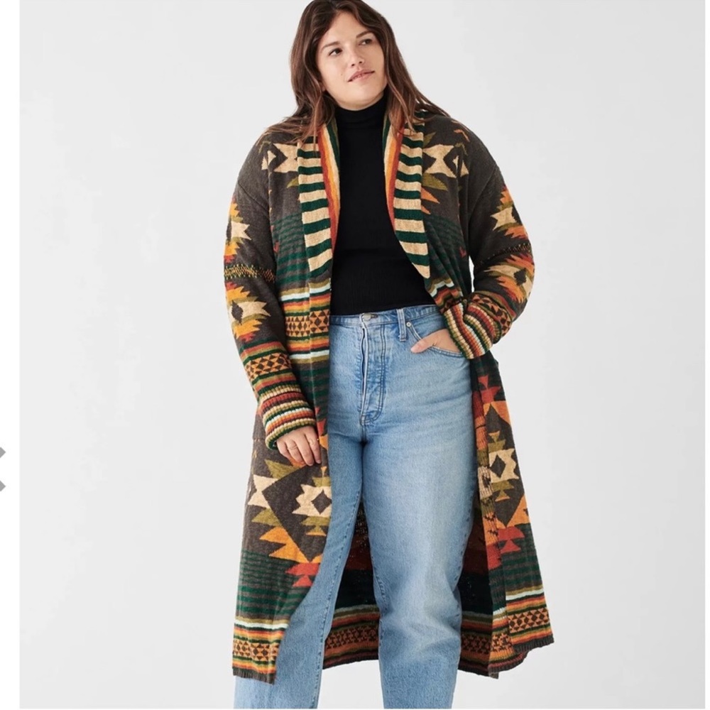 Faherty Multicolor Aztec Long Knit Cardigan - Brown, Green, Orange, Cream